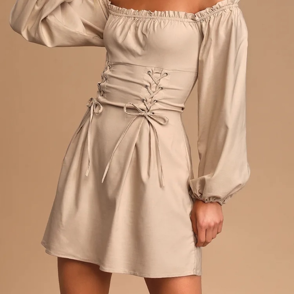 Lulu's Lace It Be Beige Off-the-Shoulder Lace-Up Bodycon Dress